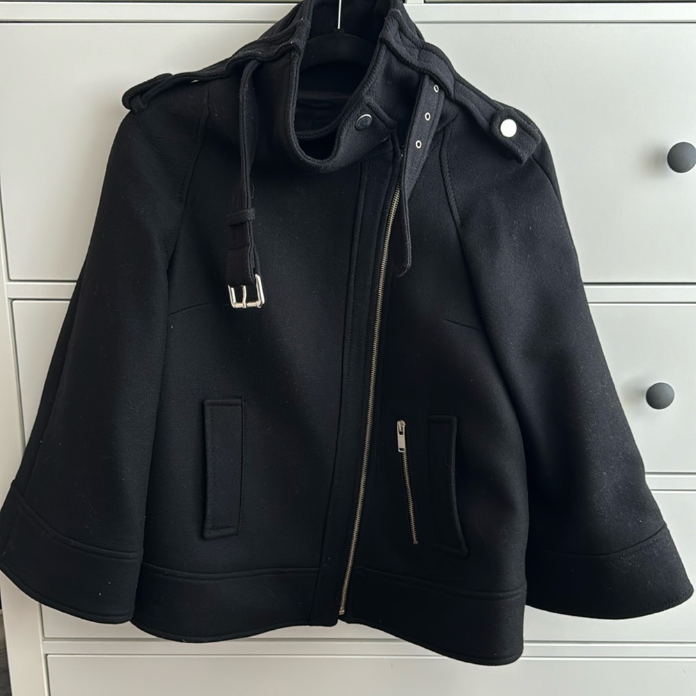 Zara Woman Short Coat - Standing Collar, Wide Sleeves, Black, Size Small